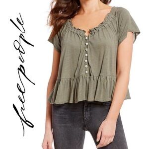 {Free People} "Charlie" Army Green Ruffle Peasant Top